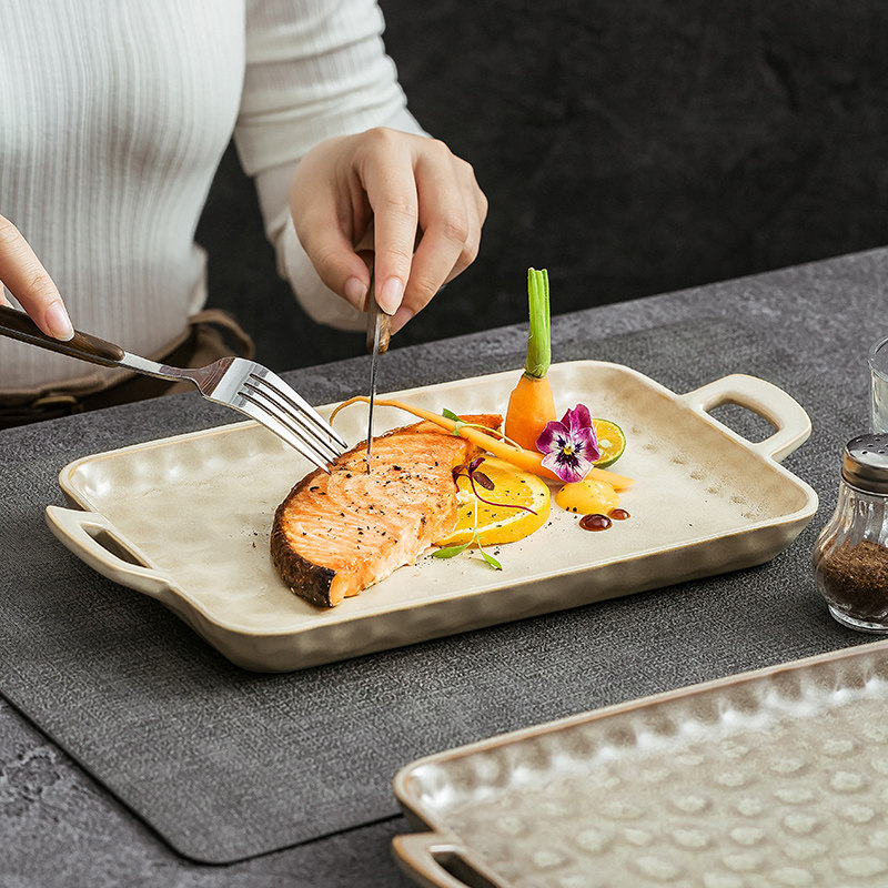 造器日式家用陶瓷双耳烤盘2026新款长方形餐盘复古简约餐具菜盘子