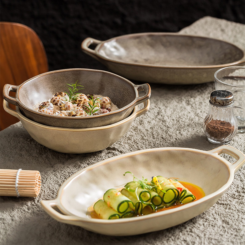 盘子家用双耳陶瓷日式餐具餐厅碟子复古高级感椭圆形精致小冷菜盘,餐饮具,盘,淘宝优惠券,粉丝福利购,淘宝优惠卷