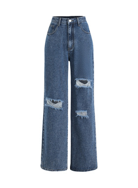 WOMEN JEANS long pants 2024欧美牛仔裤蓝色破洞洗水直筒长裤女