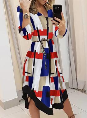 ebay 速卖通亚马逊新款2022夏季女装格纹印花绑带连衣裙