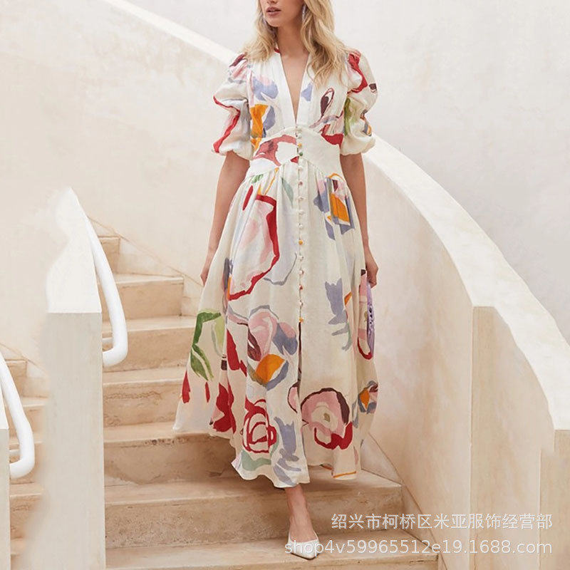 欧美风修身中长时尚聚财高腰白色印花吊带型长裙气质通勤连衣裙子