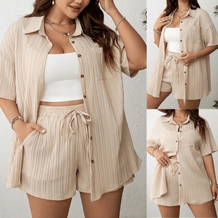 加码女性夏季套装休闲衬衫短裤两件套女性