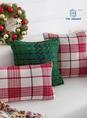 红色墨绿色格子抱枕套色织美式靠垫腰枕cushion cover Pillowcase