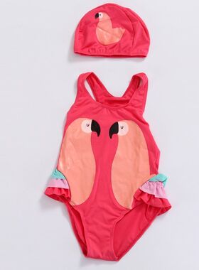 2019夏季新款黑天鹅火烈鸟鹦鹉儿童女童宝宝泳衣+泳帽 S-4XL多码
