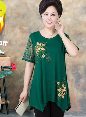中老年纯棉t恤女中年妈妈夏装短袖胖老人衣服加肥加大码宽松上衣