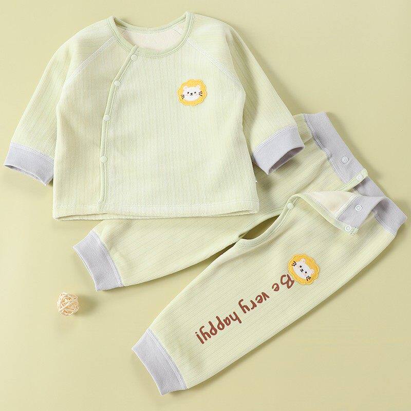 宝宝加绒套装秋冬反季上衣按扣开裆裤子两件套新生婴儿护肚保暖衣