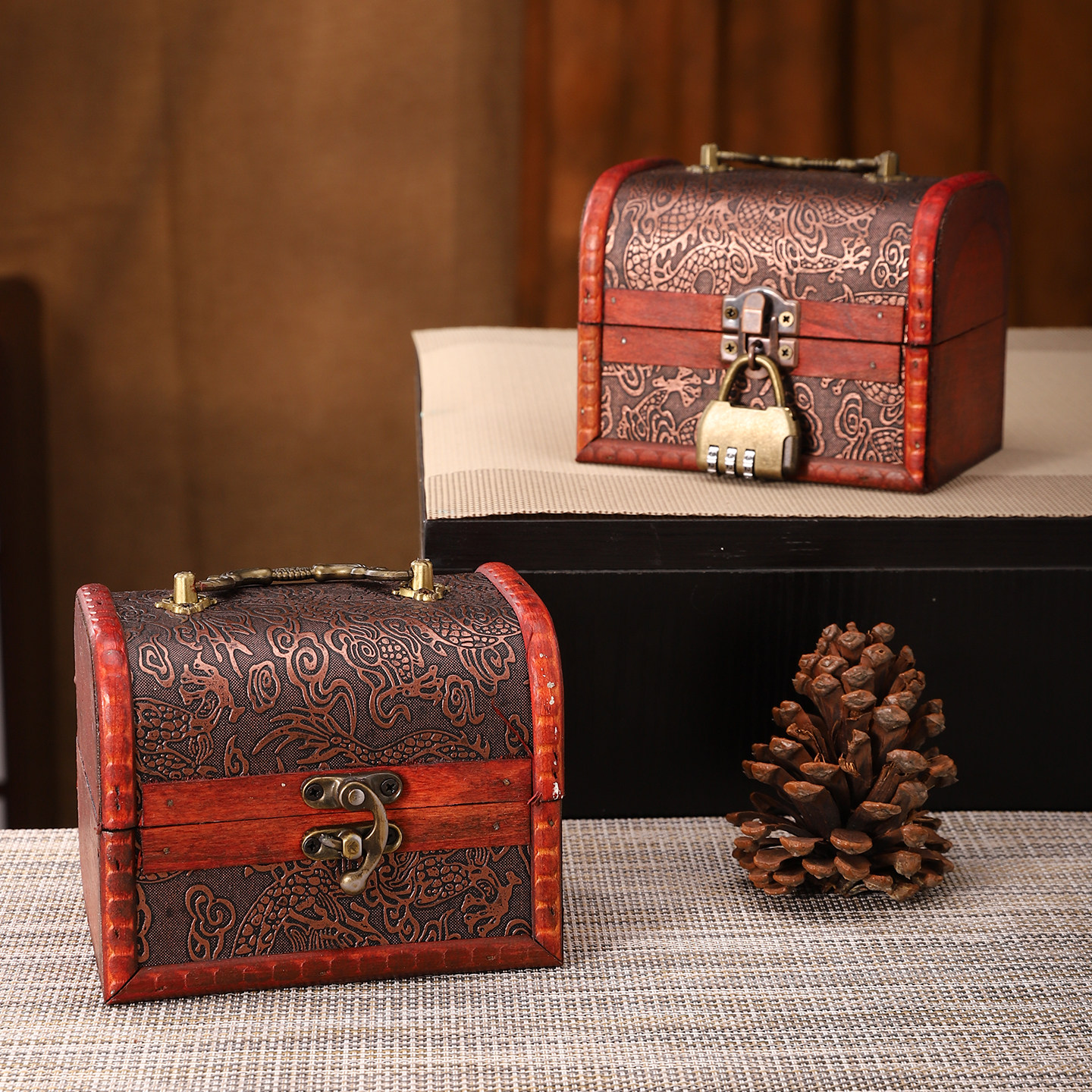 中古风带锁小箱子桌面证件书本储物盒精致木盒子儿童复古百宝箱,收纳整理,证件收纳盒,淘宝优惠券,粉丝福利购,淘宝优惠卷