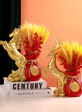 新中式招财福袋鹿麦穗装饰摆件立马发财家居玄关摆设乔迁开业礼物