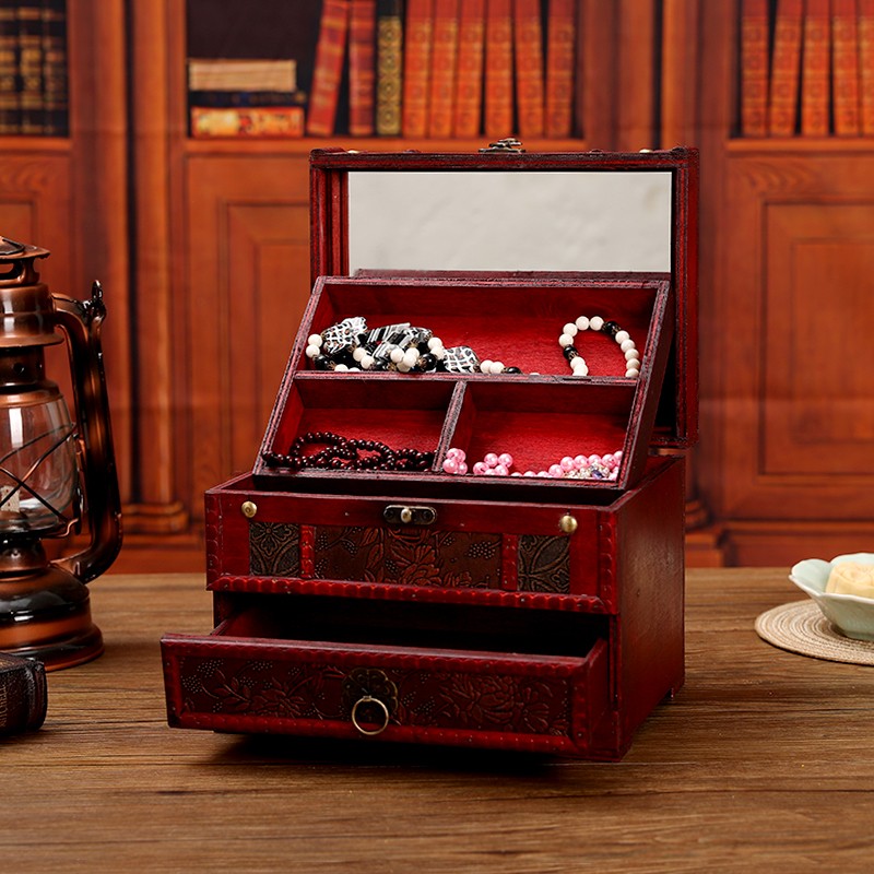 中式复古木质带锁桌面梳妆盒首饰
