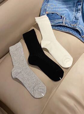 【大白家】夏季百搭黑白灰色中筒纯色透气薄款竖条纹棉袜巨显瘦袜