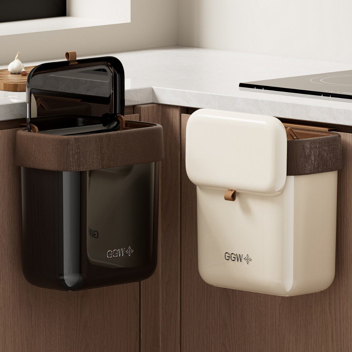 尔沫高颜值木纹厨房垃圾桶挂式免弯腰大容量卫生间厕所壁挂式带盖