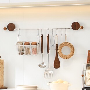 尔沫胡桃木厨房吸盘挂钩挂杆免打孔锅铲勺子挂架多功能壁挂收纳架