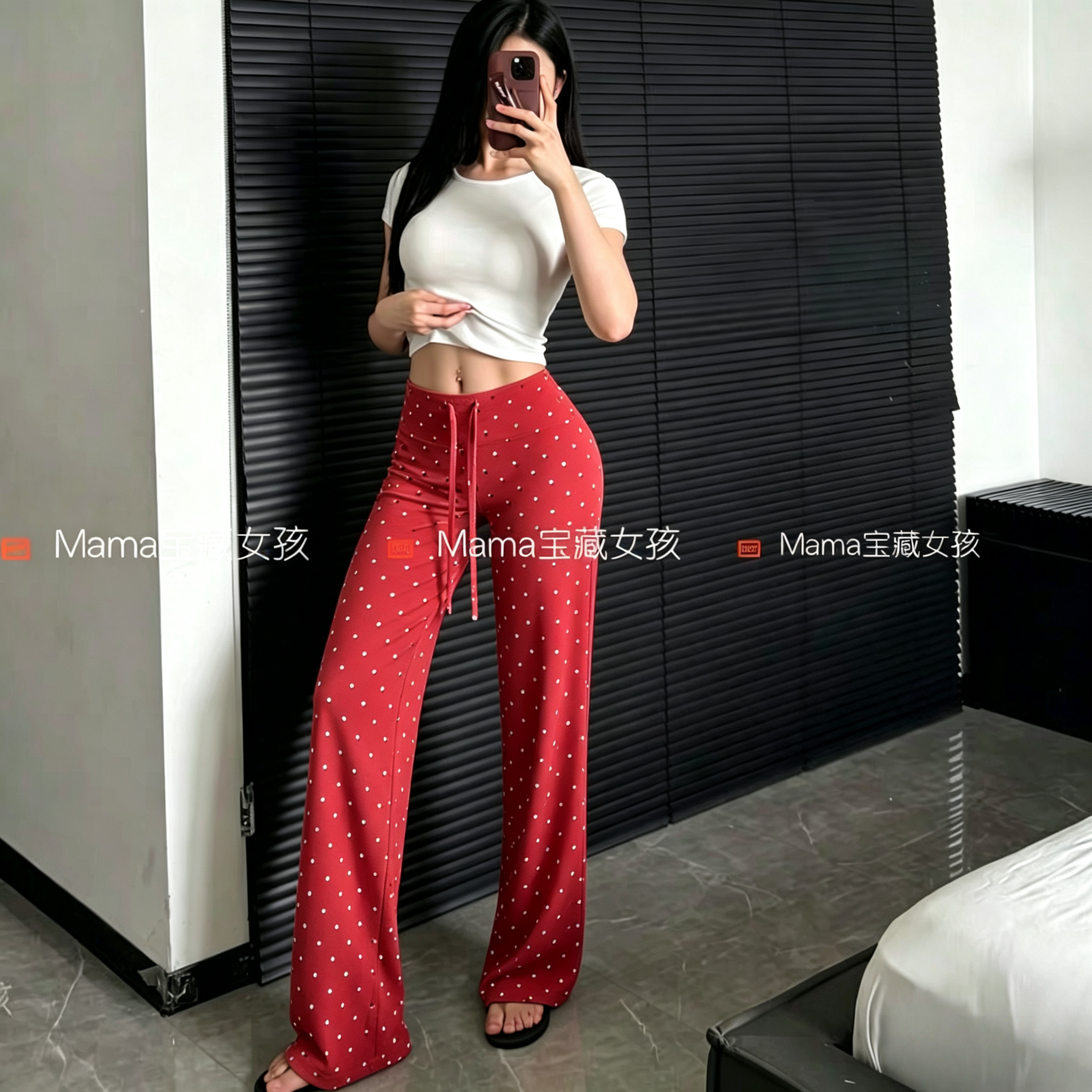 夏季轻薄美式波点微喇休闲裤