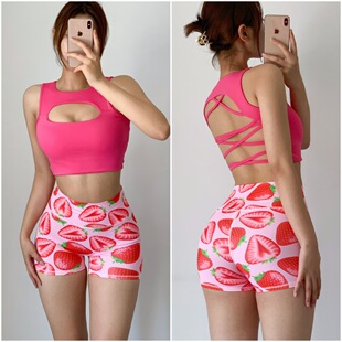 欧美跨境性感露背运动背心女含胸垫美背交叉高弹速干运动健身套装