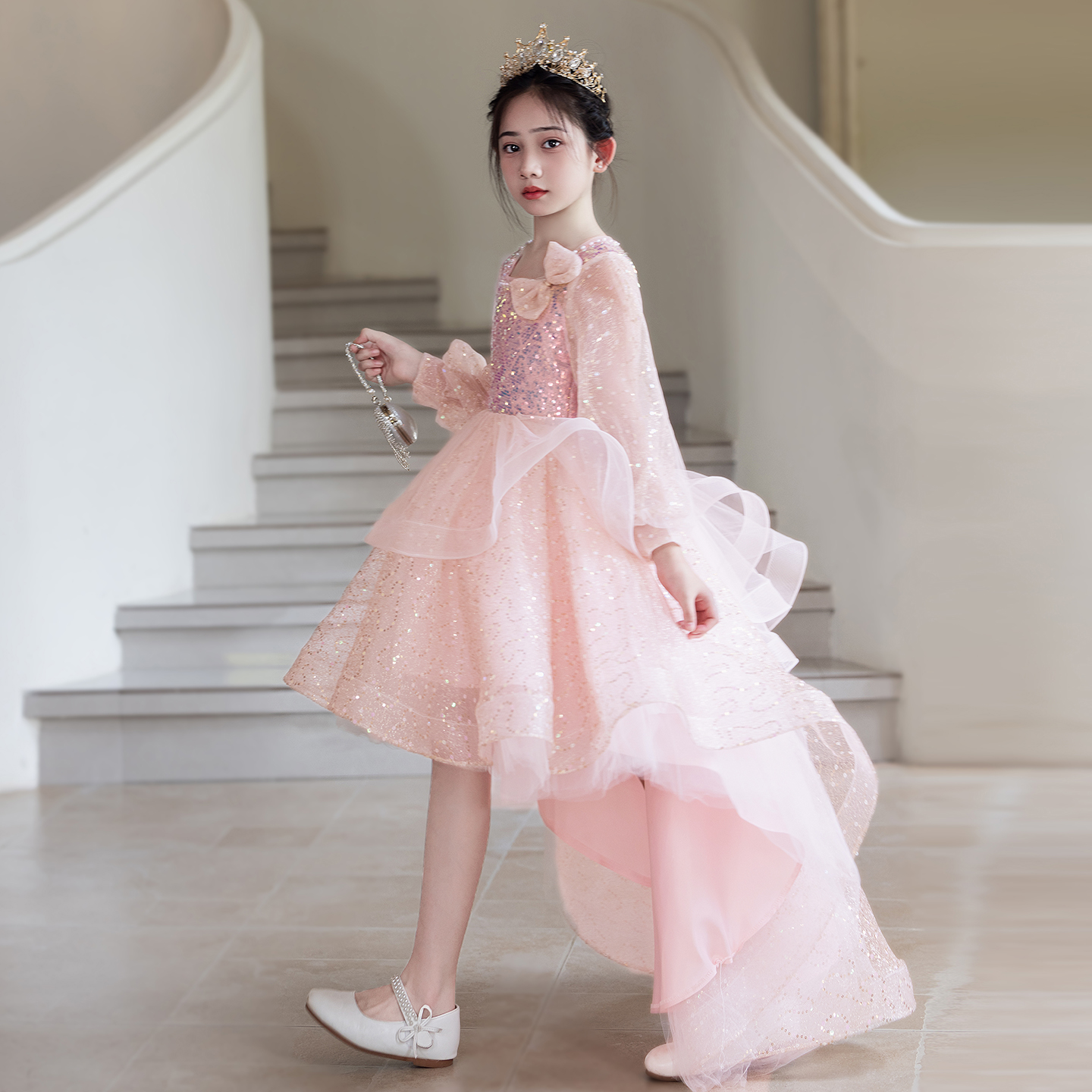 女童礼服生日粉色花童女孩主持人