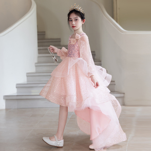 女童礼服生日粉色花童小女孩主持人钢琴演出儿童高级感公主裙长袖
