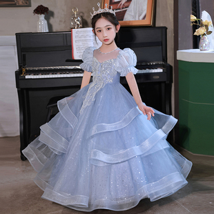 儿童公主裙蓝色女童钢琴高端表演走秀晚礼服花童女孩主持人演出服