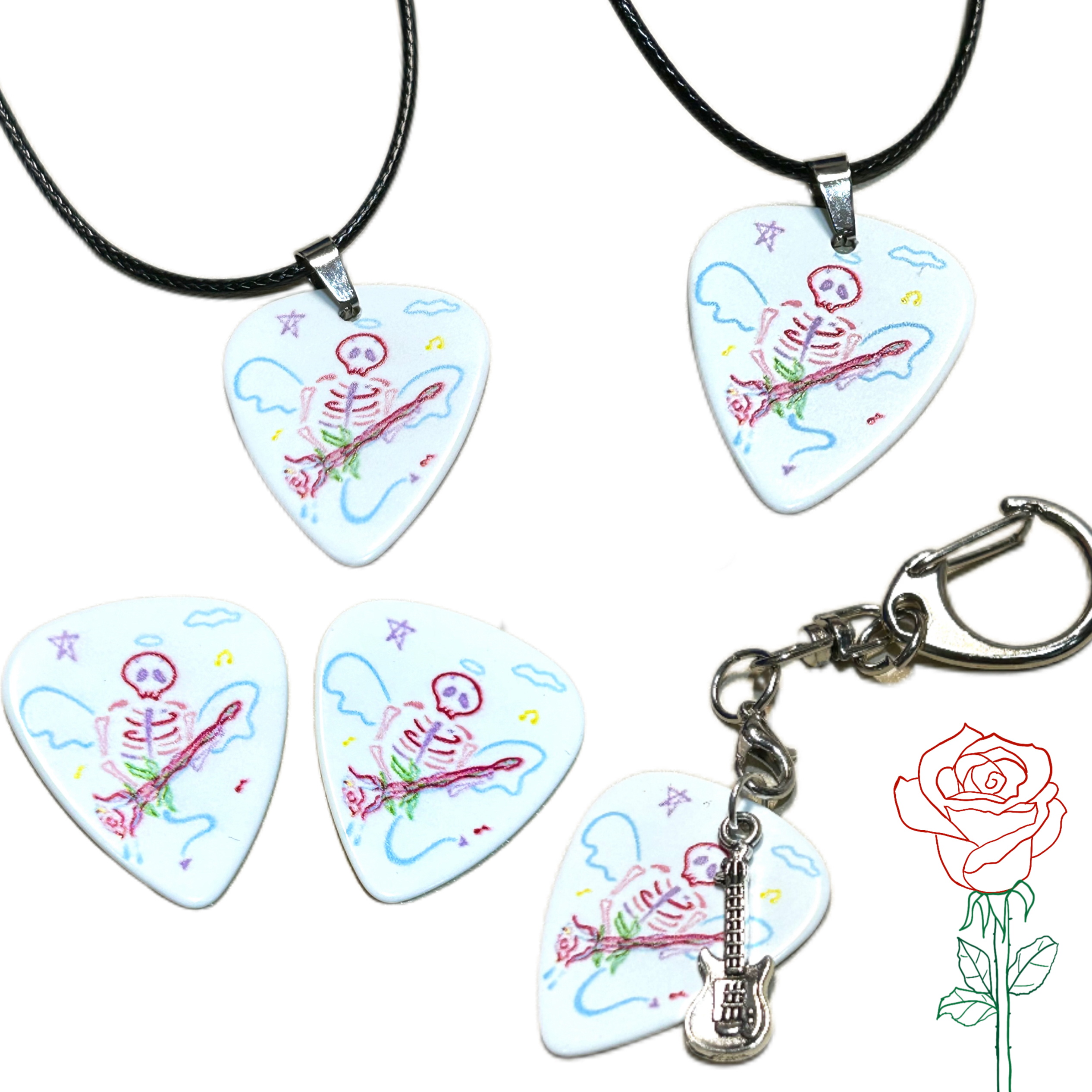 骷髅玫瑰天使之翼吉他拨片 项链 挂件朋克风摇滚乐队周边原创设计