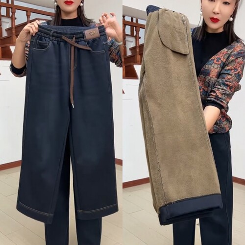 妈妈装松紧高腰牛仔裤女2025秋冬加绒中老年宽松直筒阔腿裤长裤子
