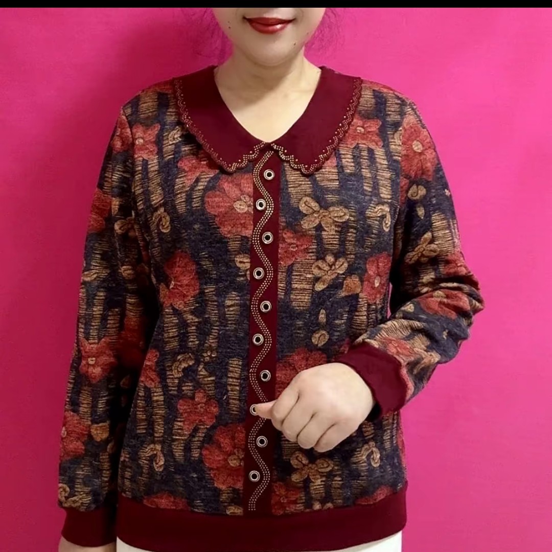 2025春季新款妈妈装翻领长袖针织衫中老年女装宽松显瘦打底上衣