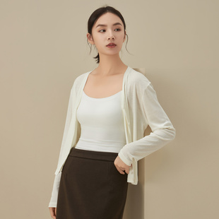 韩系慵懒风短款空调衫女士夏季外穿长袖开衫纯色V领宽松外搭上衣