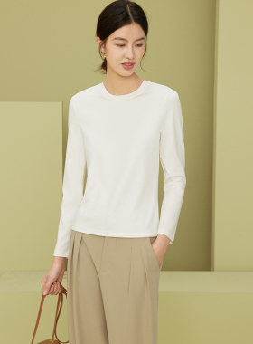 长袖t恤女士2023新款上衣白色圆领显瘦宽松内搭纯色打底衫春秋季
