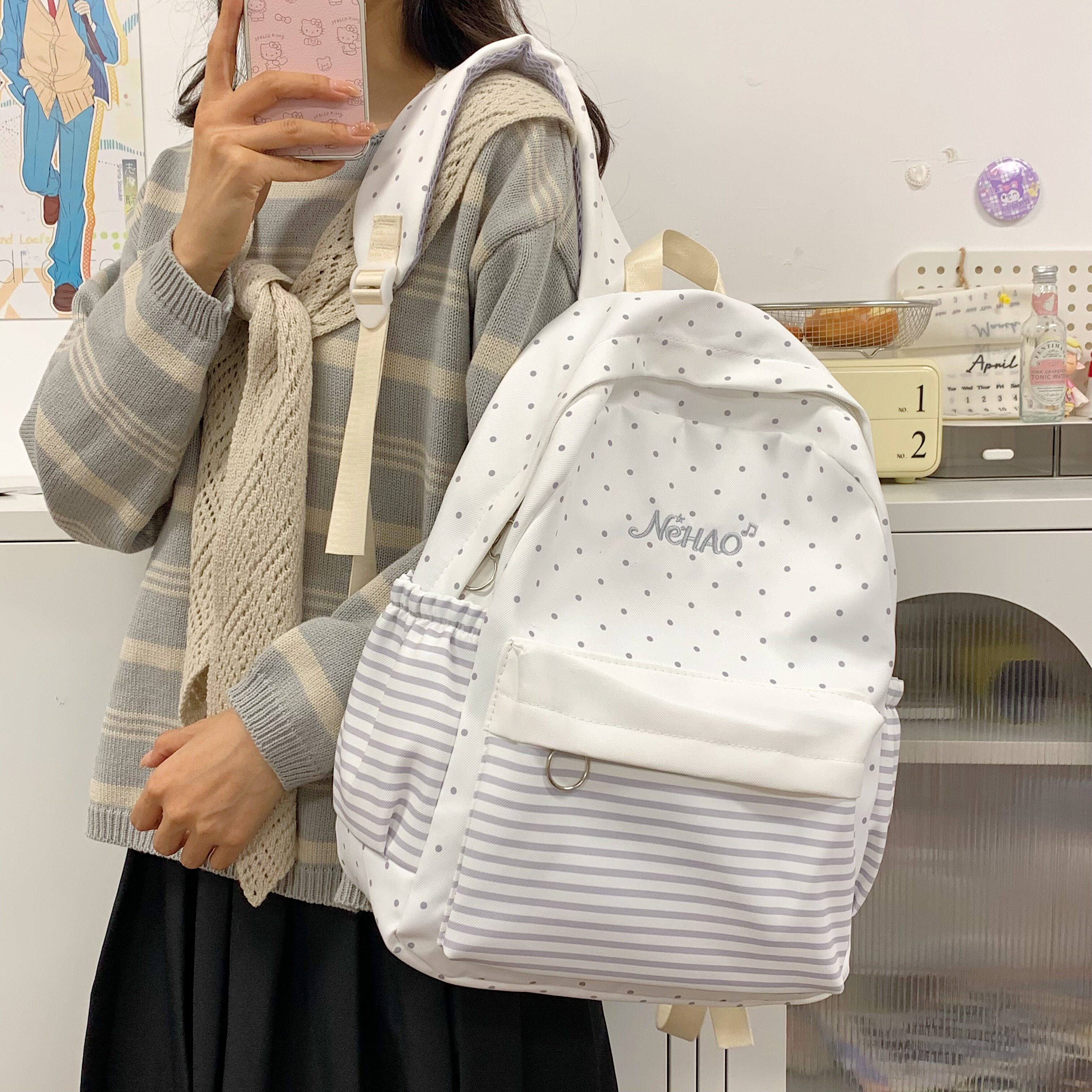 少女风小清新波点条纹双肩包女学生大容量书包休闲百搭轻便背包