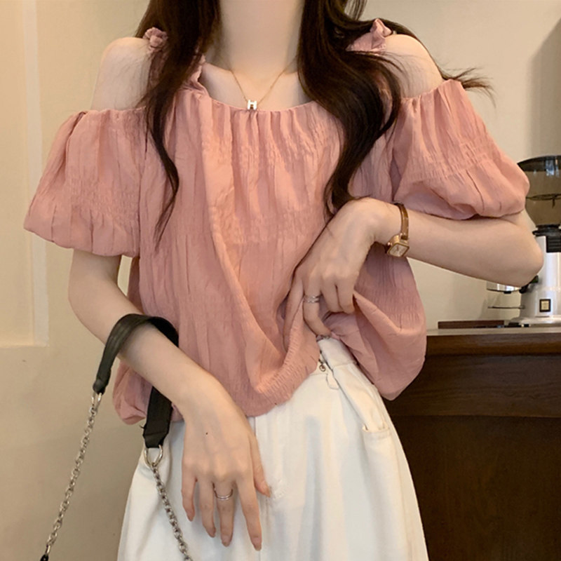 粉色短袖衬衫女夏季设计高级感法式短款锁骨一字肩泡泡袖别致上衣