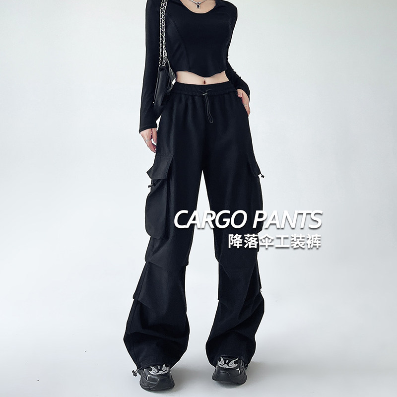 美式降落伞工装裤女春秋2026新款高腰阔腿宽松直筒休闲黑色运动裤