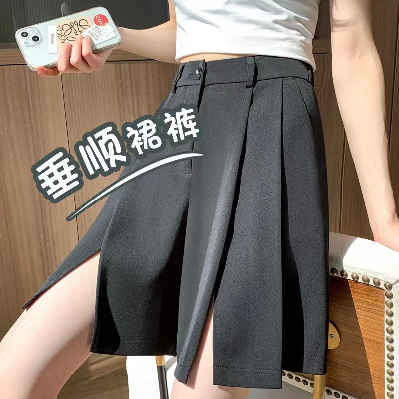 开叉西装短裤女高腰夏季薄黑色宽松显瘦百搭休闲五分百褶阔腿裙裤