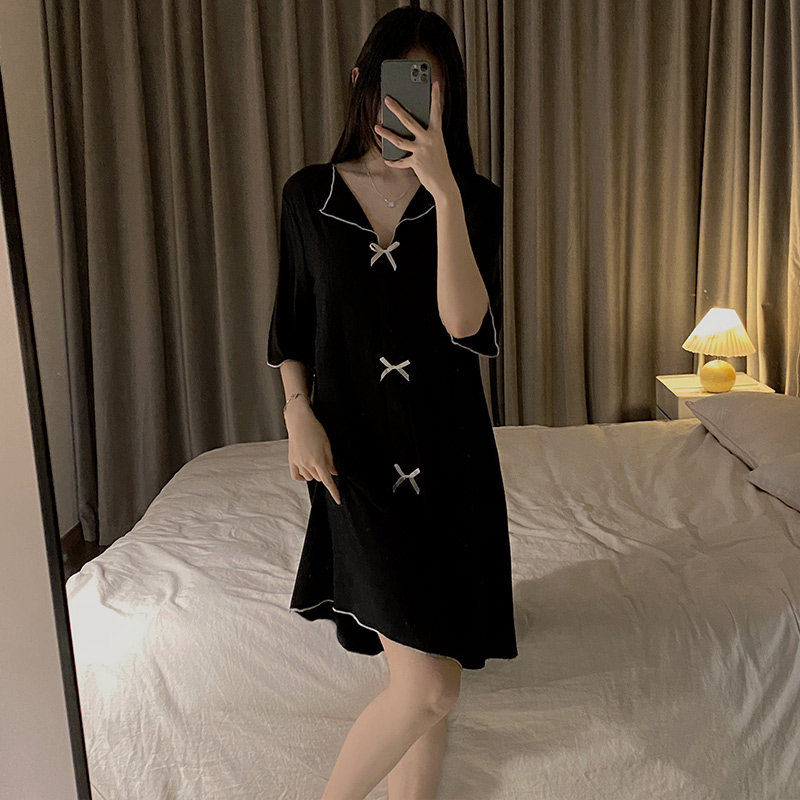 睡裙夏季女莫代尔性感纯欲风睡衣女夏V领连衣裙夏天大码短袖胸垫