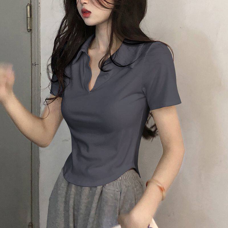 V领POLO衫正肩短袖T恤女士2024夏季新款辣妹修身显瘦短款体恤上衣