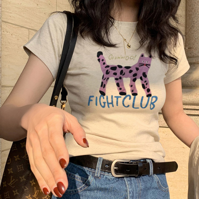短袖t恤女装修身喵咪印花辣妹正肩黑色紧身白色美式短款上衣夏季