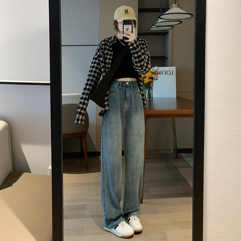 复古高腰直筒牛仔裤女窄版显瘦阔腿裤2024春夏季新款拖地宽松休闲