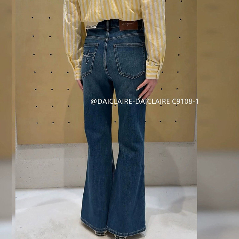 代嘉儿高腰四面弹蝴蝶结喇叭裤女