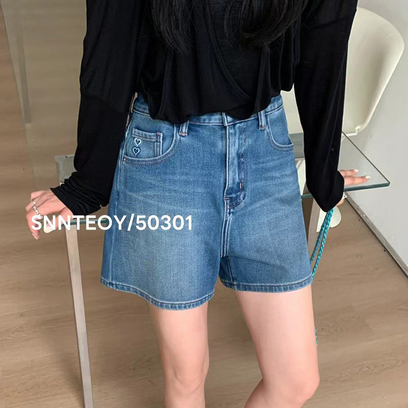 代嘉儿daiclaire新款50301夏季高腰弹力牛仔短裤蓝色四分阔腿裤女