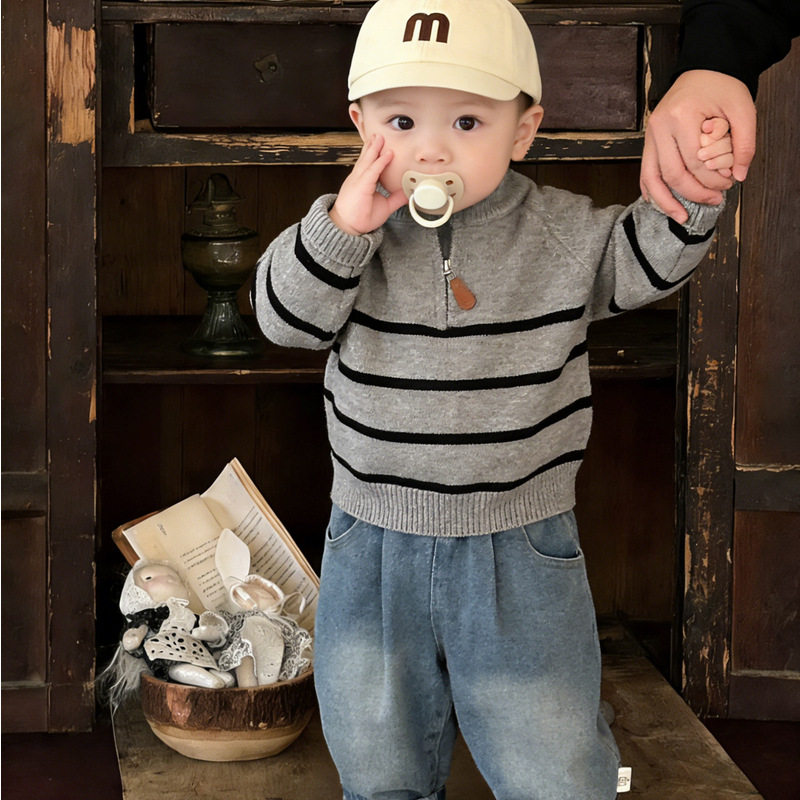 韩版男童套装春秋装男女宝宝条纹针织上衣婴幼儿百搭毛衣外套春季
