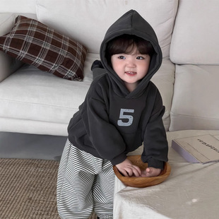 宝宝衣服秋冬季加厚连帽卫衣套装韩版童装男童条纹卫裤加绒两件套