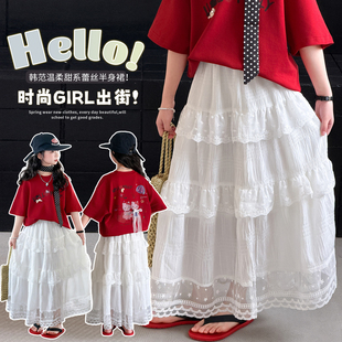 女童蕾丝花边半身裙春夏装 超好看裙子 甜美中大童白色蛋糕裙中长款