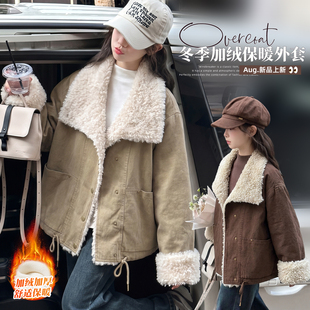 女童冬季加厚加绒派克服中大童羊羔毛翻领外套初中学生夹克青少年