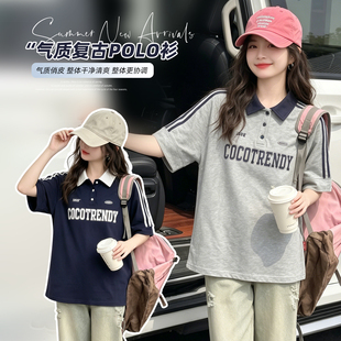 女童2026夏季新款POLO衫中大童短袖T恤字母拼接拉条上衣初中生T恤
