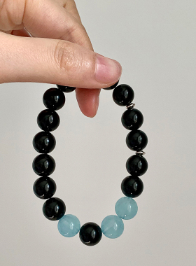 天然黑曜石手链招财多宝补水闺蜜海蓝宝手串情侣叠戴设计师手串