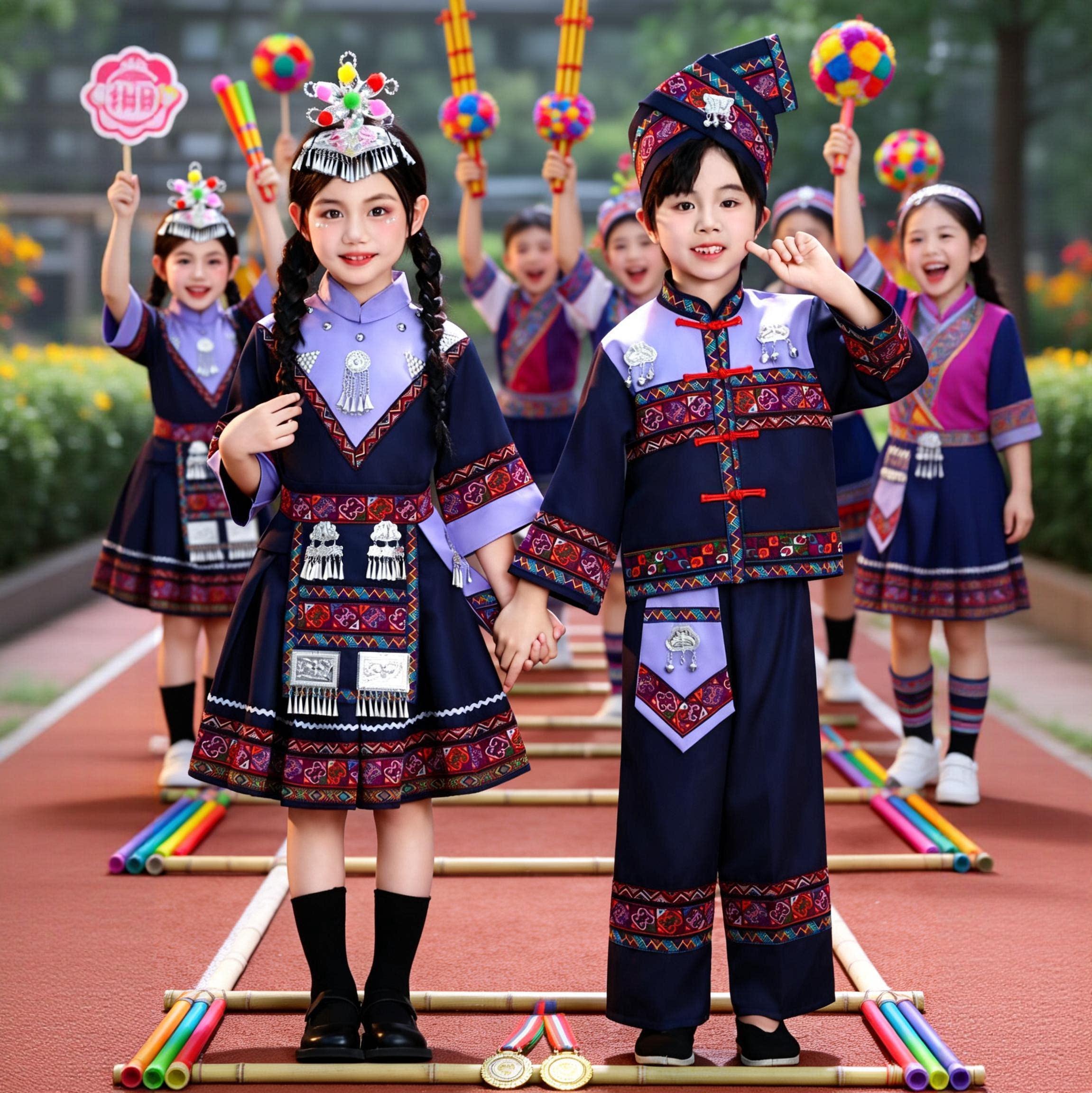 新款苗族儿童少数民族演出服男女童土家族哈尼族瑶族壮族表演服装