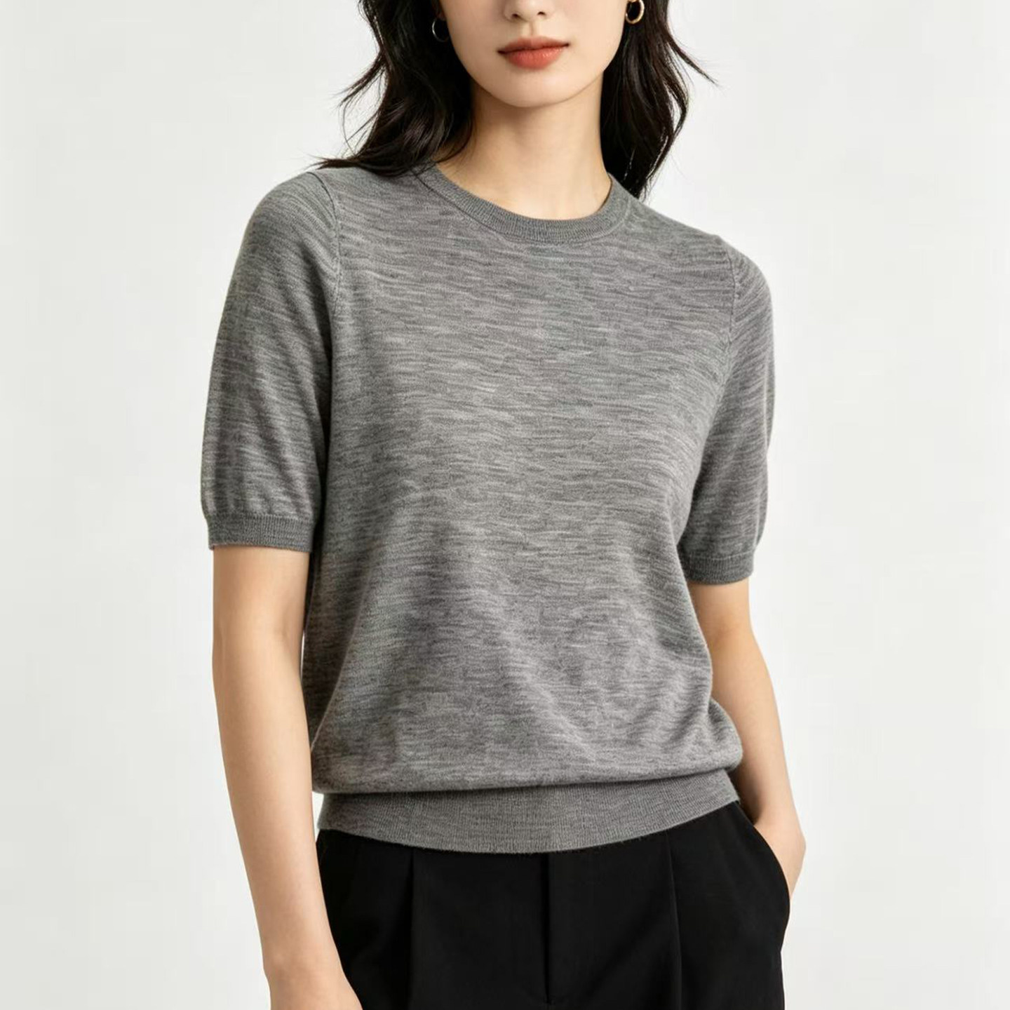 短袖毛衣女士 圆领打底毛衣OL 美利奴羊毛经典白领春秋冬精纺薄款