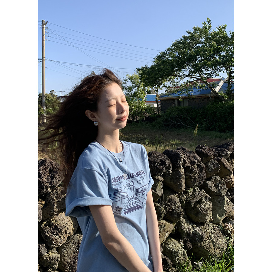 Hellooo Eat корейская футболка с круглым воротом и принтом 2024 летняя хлопковая тонкая модель с короткими рукавами трех цветов