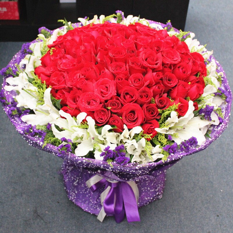 红玫瑰99朵同城速递订花送女友北京表白蓝色妖姬送花上门广州韩式