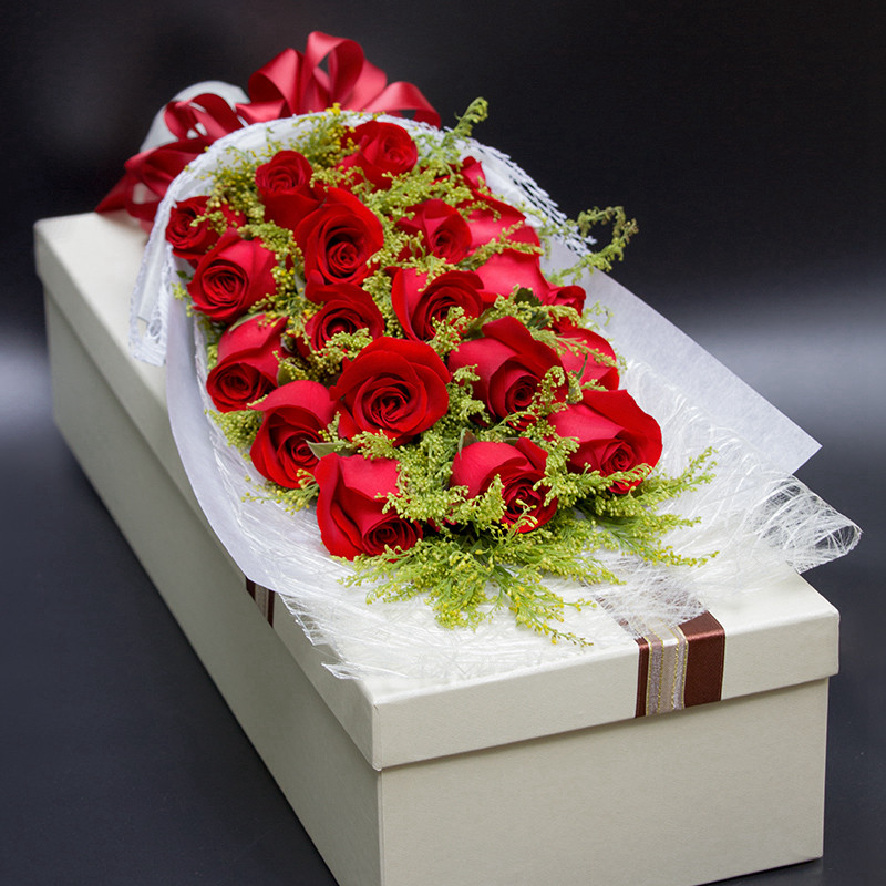 情人节红粉白香槟玫瑰花束礼盒生日广州鲜花速递同城订花店配送花