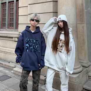 126KID 美式麂皮毛绒字母贴布连帽卫衣男女秋冬国潮宽松休闲上衣