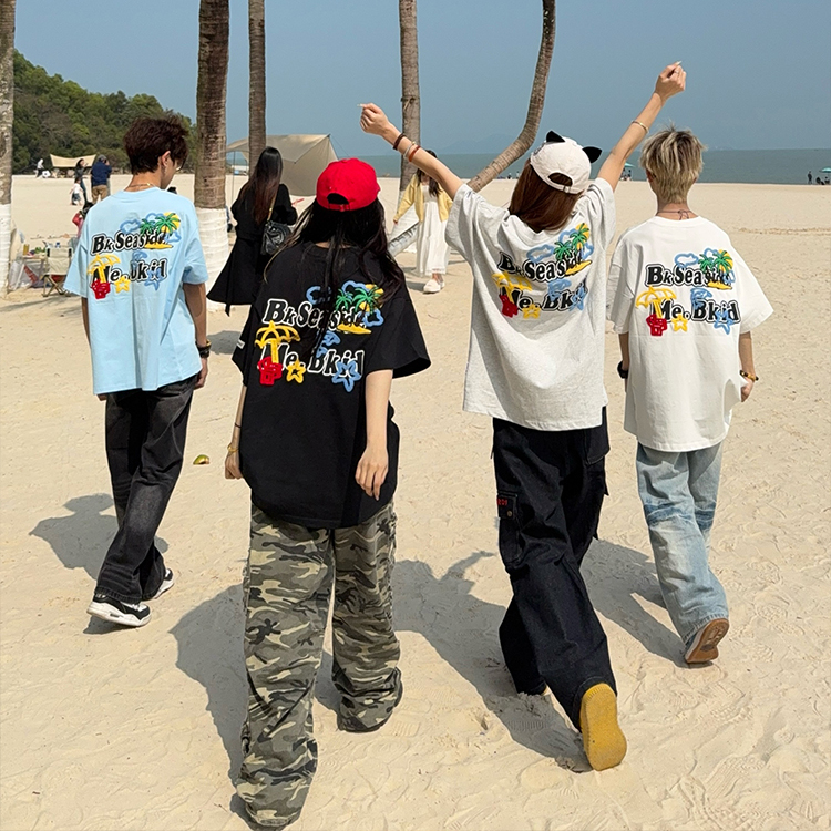 126KID 美式复古字母椰树刺绣短袖T恤男女国潮牌夏季情侣上衣tee