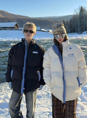 126KID 美式撞色拼接格子立领棉服男女宽松加厚保暖情侣外套棉衣